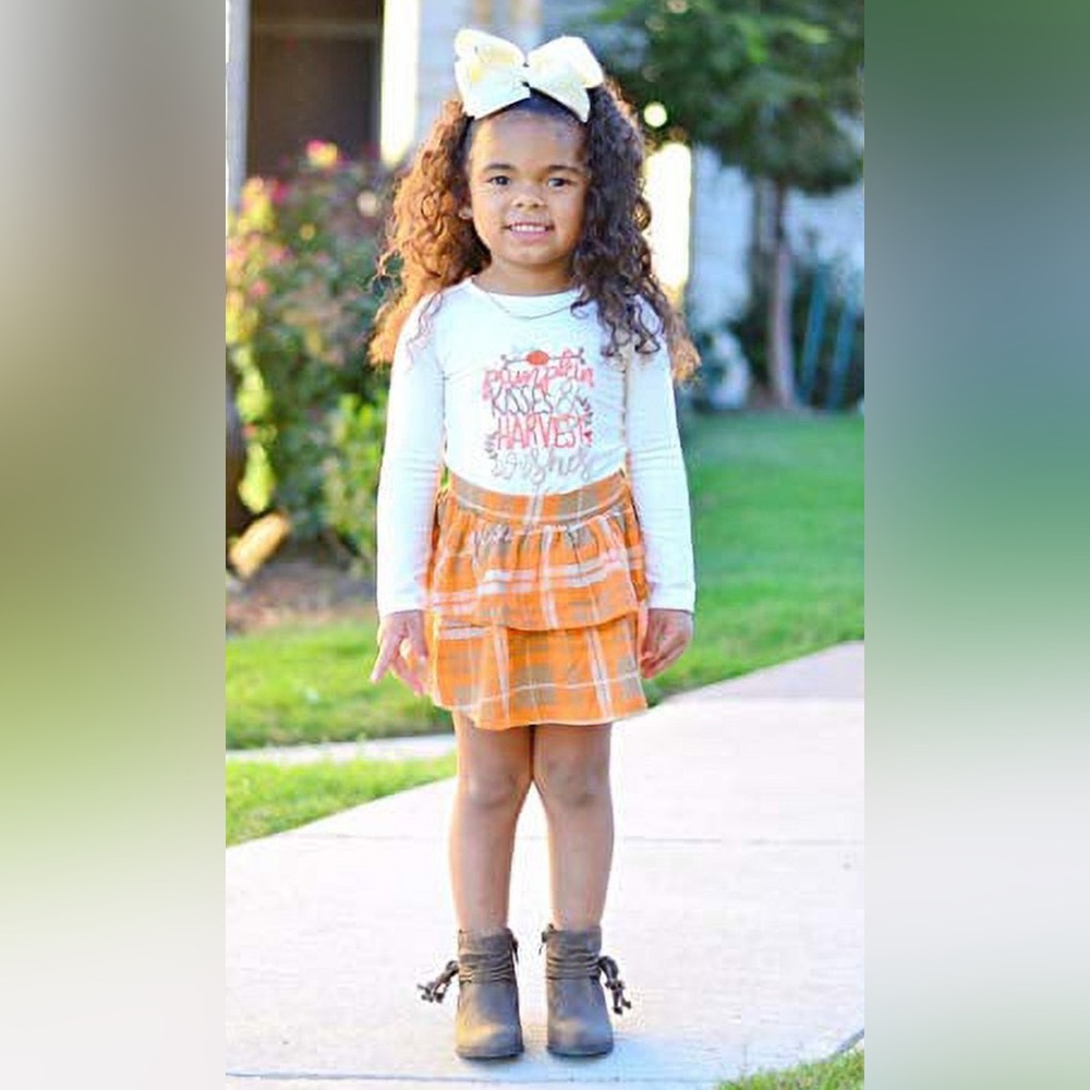 THANKSGIVING BOUTIQUE SET Girls‎ NEW Orange Plaid Ruffle Skirt Outfit Toddler 4T
